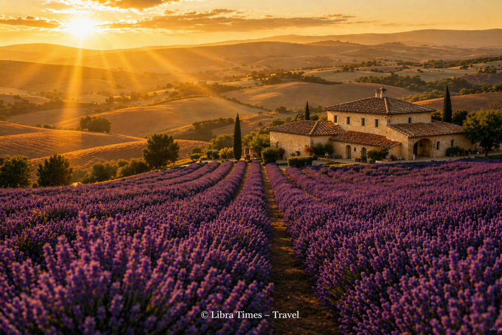Provence countryside with vineyards and luxury villa at sunset