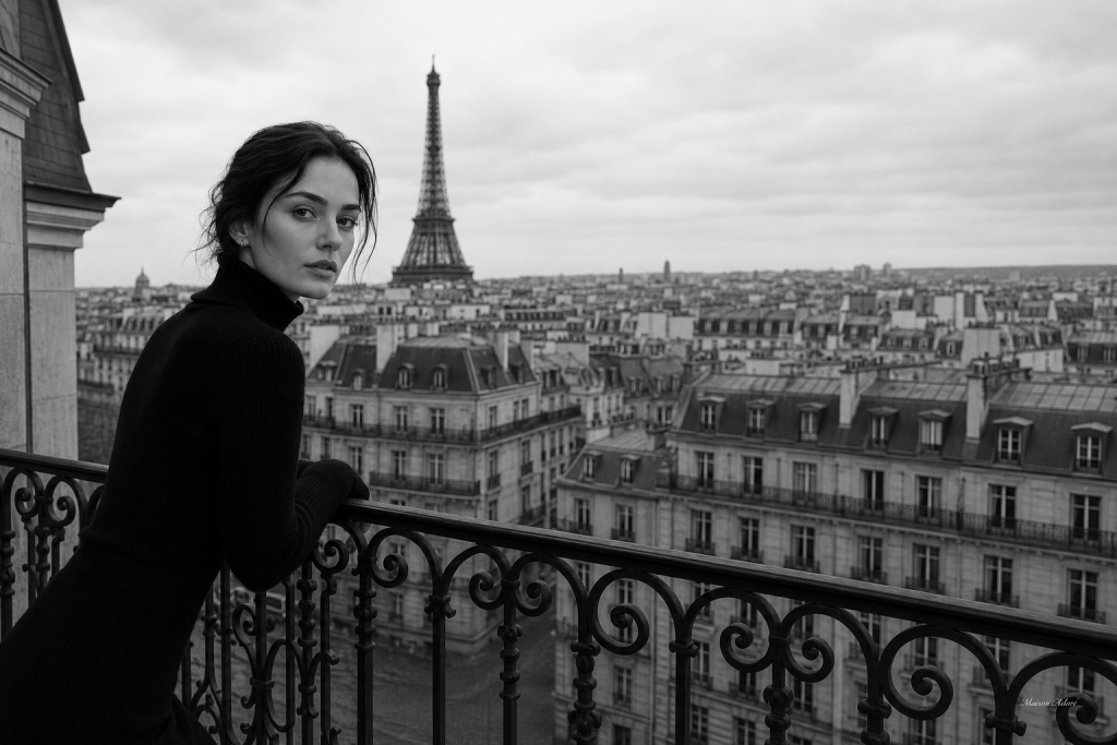 Parisian balcony in monochrome elegance